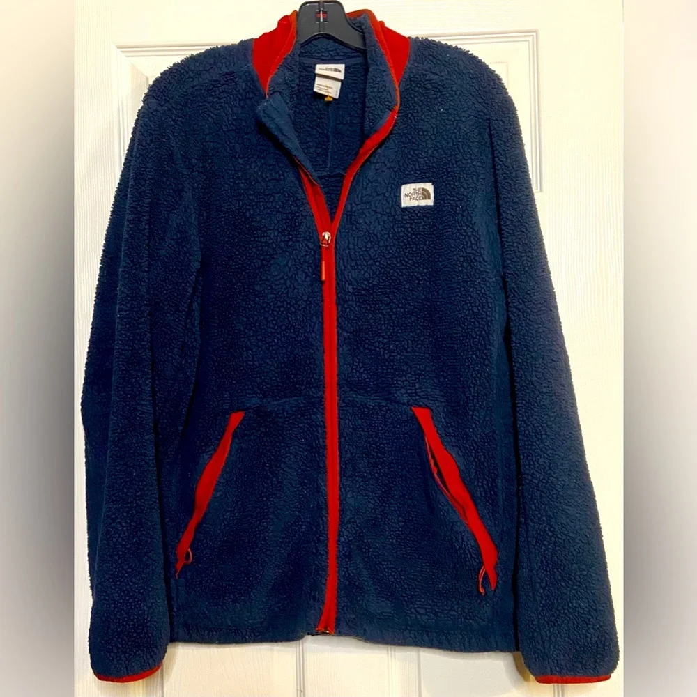 The North Face Mens Cabin Fleece Full-Zip Jacket Navy & Red Sz Large